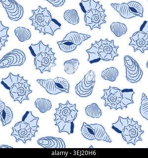 Seamless pattern with various blue seashells in elegant Amalfi and Mediterranean doodle style. Chic line art repeating background for summer resort br Stock Vector