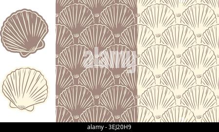 Set of scallop seashell icons and seamless patterns in Mediterranean doodle style. Terracotta line art design for coastal branding, home and kitchen t Stock Vector