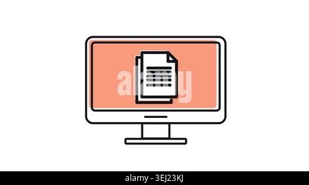 Desktop computer document and text file icon: PC workstation displaying paper sheets on screen, modern black line art with offset color fill vector. Stock Vector