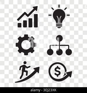 Project management and workflow optimization icons set with rising charts, creative lightbulb ideas, gears, server networks, running human and currenc Stock Vector