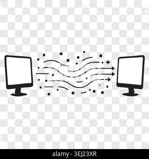 Wireless data transfer between two computer monitors showing information waves and particles streaming from one digital display screen to another Stock Vector