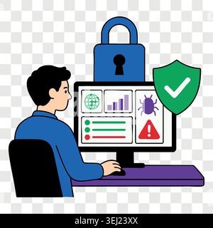 Cyber attack monitoring and system safety analysis with an analyst looking at a big dashboard dashboard showing virus alerts, firewalls and green chec Stock Vector