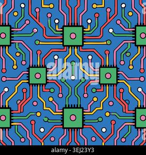 Seamless electronic circuit board pattern texture featuring bright colorful microchips, processors and electric tracks on blue background for modern d Stock Vector