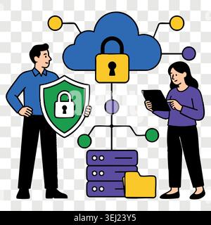 Cloud storage and database security concept with characters managing server data under a secure padlock icon and digital network connections Stock Vector