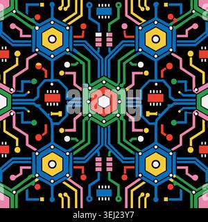 Abstract neon circuit board pattern seamless background with vibrant electric tracks, glowing microchips and processors on black for cyber tech design Stock Vector