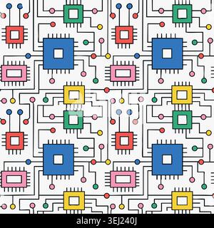 Seamless tech pattern with microchips and processors featuring square electronic components and colorful connection tracks on light background for har Stock Vector