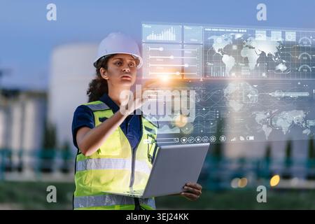 Professional Engineer Woman Working with Modern Visual Data Information Digital Technology by AI Computer Service Stock Photo