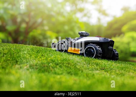 Robotic lawn mower working at garden cutting lush green grass on a slope. Automated lawn care Stock Photo