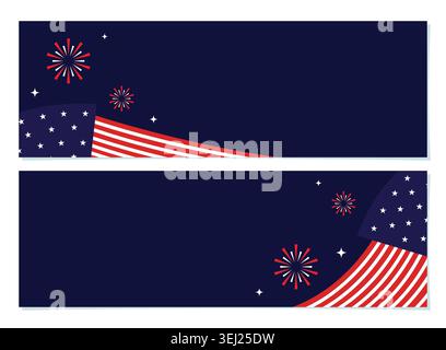 USA flag horizontal banner template set featuring stars, red stripes, and fireworks. National flag element banner copy space. Stock Vector
