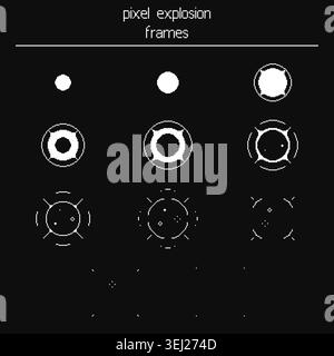 Monochrome Pixel Burst Animation Frames Set Stock Vector
