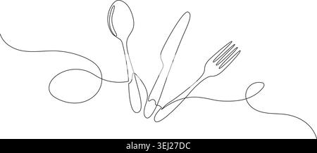 continuous line drawing of cutlery. fork, spoon and knife line art vector illustration Stock Vector