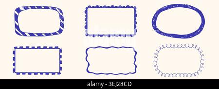 Stamp frames with border in Italian coastal style. Decorative fun scallop frame wiggle retro designs. Hand drawn pencil doodle border set. Vector illustration Stock Vector