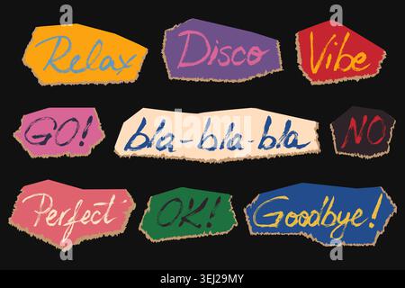 Brush stroke torn paper scrapbook stickers set. Dry paint drawn collage quotes. Vector grunge Y2k retrowave text labels. Positive phrases and playful Stock Vector