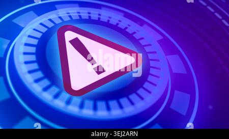Futuristic digital interface displaying a warning caution symbol, representing cyber security, system alert, and error notification Stock Photo