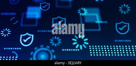 Digital security concept background displaying glowing shield icons, data protection elements, and technology symbols on a dark blue grid Stock Photo