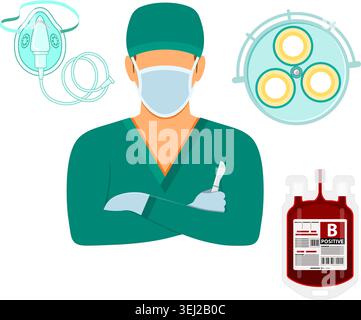 Medical square banner doctor surgeon with flat icons scalpel, operating room light and blood container. vector illustration Stock Vector