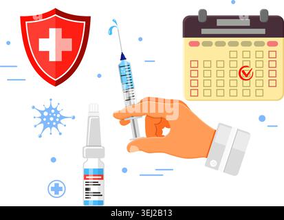 Vaccination, diabetes, immunization banner with flat icons syringe, calendar, shield, vaccine bottle. vector illustration Stock Vector