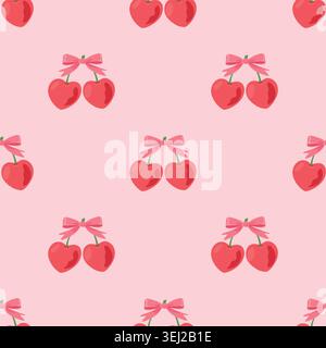 Heart Cherry Seamless Pattern, Vector Illustration. Cute Pink Cherry Print with Bow and Heart Shaped Cherries for Valentine Fabric, Wrapping Paper Stock Vector