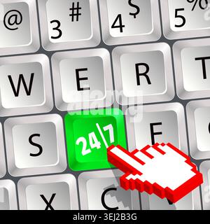 Computer keyboard with a key twenty four hours by seven days and Pixel Hand Cursor Stock Vector