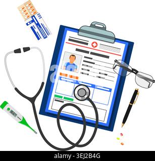 Medical record concept with flat icons card of patient, stethoscope, thermometer and pills. isolated vector illustration Stock Vector