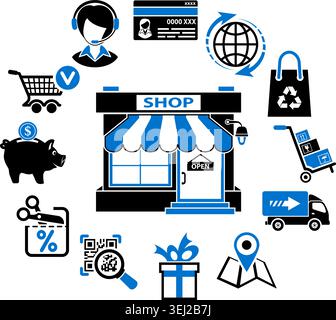 Online internet shopping concept with Two Color flat Icons Set for e-commerce marketing and advertising with shop, delivery, sale and goods. Isolated Stock Vector