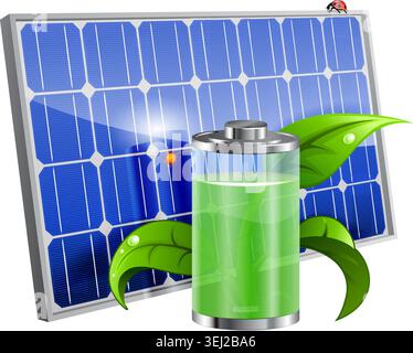 Green Energy Concept with Solar Panel, Battery and Young Sprout, vector isolated on white background Stock Vector
