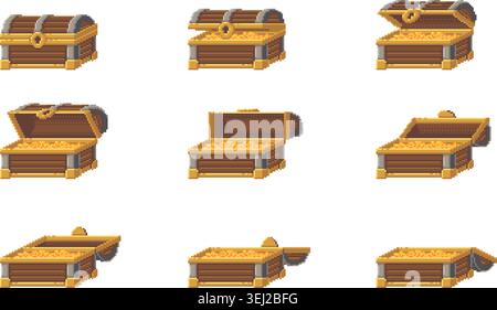 Pixel art treasure chest opening frame set Stock Vector