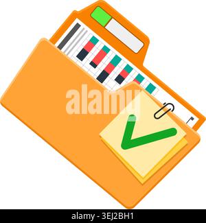 Success audit concept. Open folder icon, documents with charts and green tick check mark on paper notes. Flat style. Isolated vector illustration Stock Vector