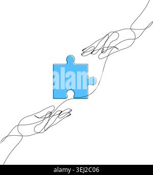 Abstract one line vector illustration showing one hand passing a colorful puzzle piece to another hand. Stock Vector
