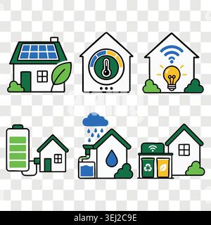 Smart house eco energy and weather control icons set with solar panels, automated watering systems, cloud rain sensors and domestic recycling bins Stock Vector