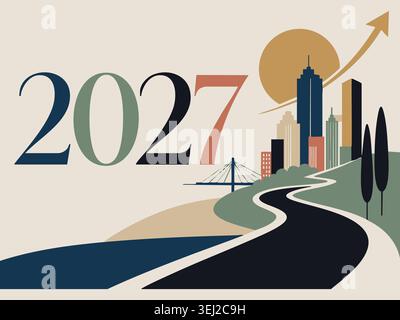 New year 2027 future path and city skyscrapers illustration showing a long road leading towards modern office buildings under the sun Stock Vector