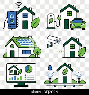 Eco friendly smart home tech and security icons set with surveillance cameras, solar panels, smart lawn watering systems and green energy house design Stock Vector