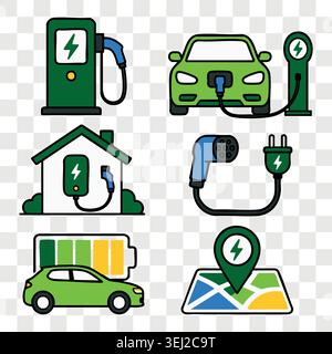 Electric car charging stations and green energy icons set with map navigation pins, battery charging plugs, hybrid vehicles and eco transport solution Stock Vector