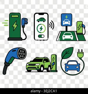 Electric vehicle charging stations and eco cars line icons set with battery status indicators, green energy plugs, hybrid transport and infrastructure Stock Vector