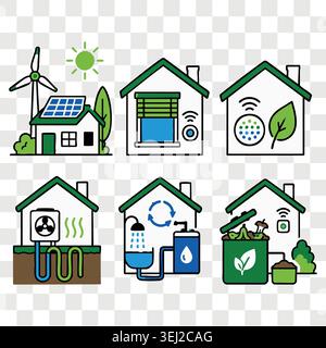 Green energy smart home systems line icons set with wind turbines, smart heat controllers, domestic recycling and clean ventilation devices Stock Vector