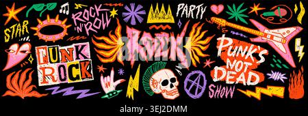 Punk rock music sticker set with guitar, skull, fire and handwritten doodle typography in colorful funky style on black background. Rock punk graphics Stock Vector
