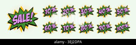 Comic style sale starburst set with green and bursts and purple text on light background with halftone dots. Playful discount badges in pop art style Stock Vector