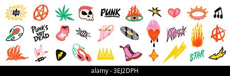 Rock punk doodle icon set with music symbols, skull, fire and handwritten graffiti elements in colorful hand drawn style. Punk rock icons for stickers Stock Vector