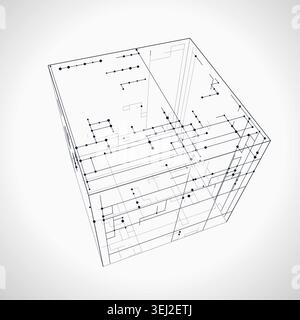 Modern technology-inspired 3D wire cube with layered lines and connection points Stock Vector