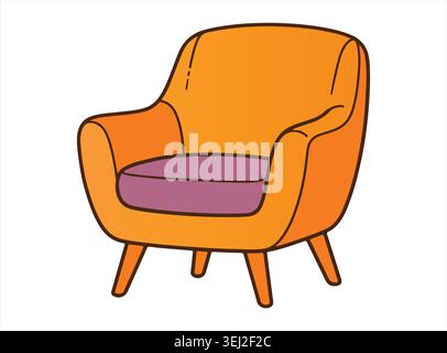 A stylish cartoon orange armchair with a purple seat cushion and wooden legs isolated on a clean white background for interior furniture concepts. Stock Vector