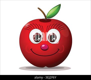 A cute cartoon red apple character with big expressive eyes, long eyelashes, and a happy smile isolated on a clean white background backdrop. Stock Vector