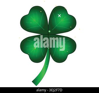 A vibrant green four leaf clover vector illustration featuring sparkling golden dust and magical stars to represent good luck and fortune concepts. Stock Vector