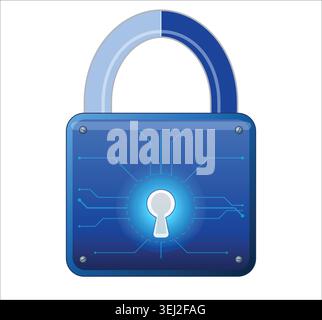 A secure blue digital padlock vector icon featuring glowing electronic circuit lines around a keyhole to represent modern cyber data protection. Stock Vector
