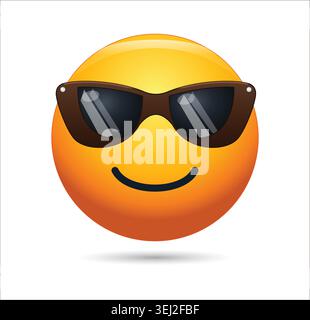 A smiling yellow emoji character wearing dark black sunglasses looking cool and confident isolated on a clean white background for a summer concept. Stock Vector