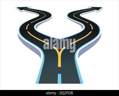 A conceptual 3D stylized road vector splitting into two curving paths with arrow tips showing a fork in the highway for decision making options. Stock Vector