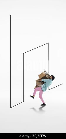 Struggling man carrying cardboard boxes through abstract line doorway. Stock Photo