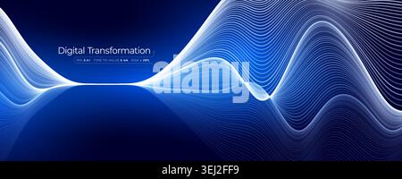 Neuro Science Research Abstract Digital Medical Transformation AI Neuronal Connection Waving Helix Lines Blue Neon Glowing Pathway. Innovate Neural Stock Vector