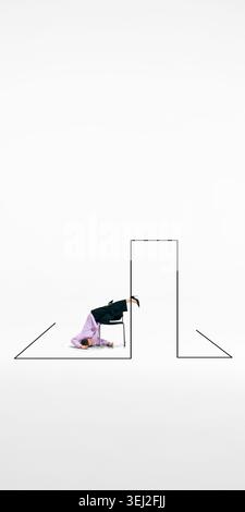 Exhausted businesswoman hanging from chair in surreal minimal office scene. Stock Photo