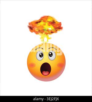 An explosive mind blowing yellow emoji character with a realistic mushroom cloud blast coming out of its head to show a shock or overwhelmed idea. Stock Vector