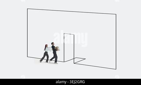 Colleagues carrying moving boxes through abstract line office doorway. Stock Photo